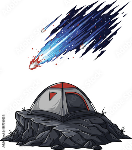 A dramatic meteor streaks across the sky above a camping tent on a rocky cliff.