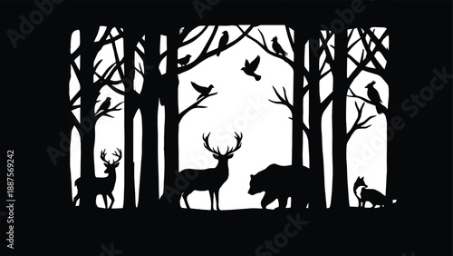 Forest wildlife silhouette illustration with deer, bear, fox and birds among tall trees creating dramatic woodland nature scene and wild animal harmony