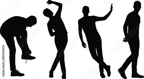 Male human silhouettes showing expressive body language and dynamic poses, representing movement, dance, gestures, confidence, emotion, communication, and minimalist conceptual illustration