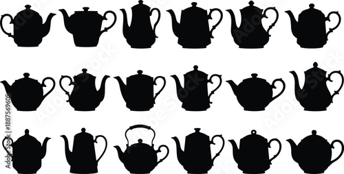 Teapot silhouettes set featuring classic and vintage kettle designs, isolated black vector illustration collection for tea culture, kitchen decor, cafe branding, packaging
