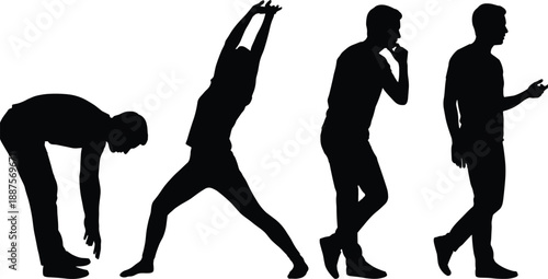 Male human silhouettes showing expressive body language and dynamic poses, representing movement, dance, gestures, confidence, emotion, communication, and minimalist conceptual illustration