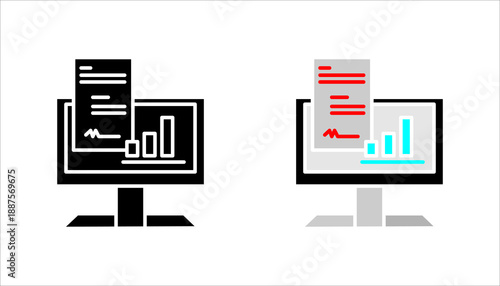 Computer monitor with report document and chart icon set.  in outline style representing data analytics, business reports, performance tracking, and digital dashboards.