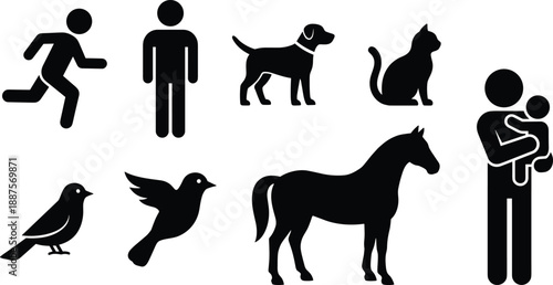 Minimal black silhouette icon set featuring human figures, pets, birds, horse and parent holding child for universal life and animal concepts