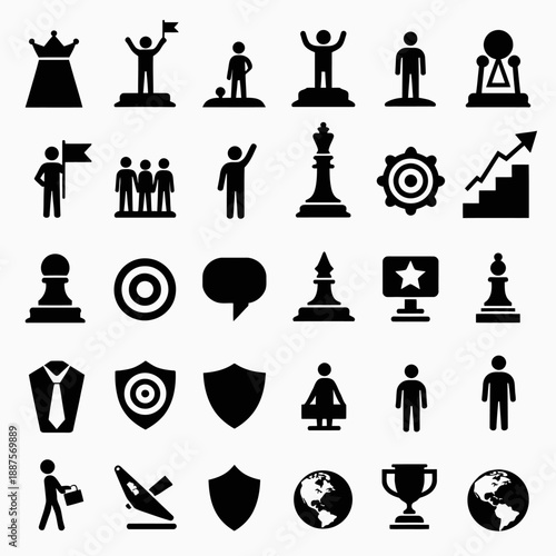 Solid Black Leadership, Authority, and Success Glyph Icons Vector Collection