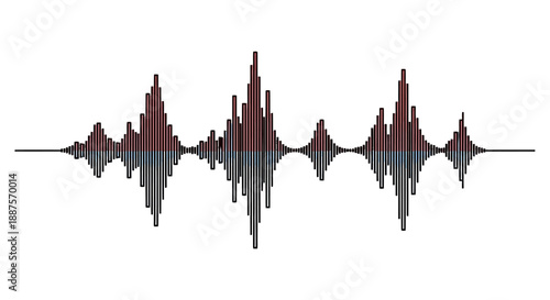 Complex Digital Audio Sound Wave Visualization with Dynamic Fluctuations in Blue and Red on Isolated White Background, Technology Concept