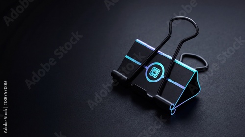Data protection header with neon edged matte binder clip and secure vault symbol badge on dark minimal background with generous copyspace