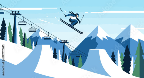 Dynamic Skier Jumping Over a Snow Ramp in a Mountain Ski Resort with Pine Trees and Chairlifts, Winter Extreme Sports Adventure
