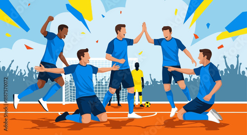 Joyful Football Team Celebrating a Goal with High Fives and Enthusiasm on a Soccer Field with Abstract Crowd, Teamwork and Victory Concept