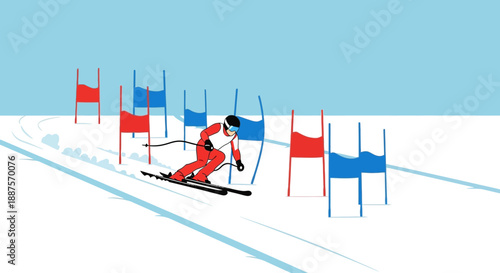 Determined Skier Racing Through Red and Blue Slalom Gates on a Snowy Mountain Slope Under a Bright Blue Sky, Winter Sports Competition