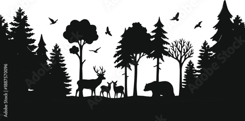 Wild forest wildlife silhouette illustration with deer family, bear and birds among pine trees creating peaceful woodland nature landscape scene background artwork