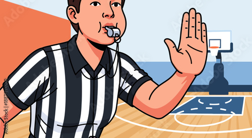 Authoritative Male Basketball Referee Blowing Whistle and Signaling with Hand on Court