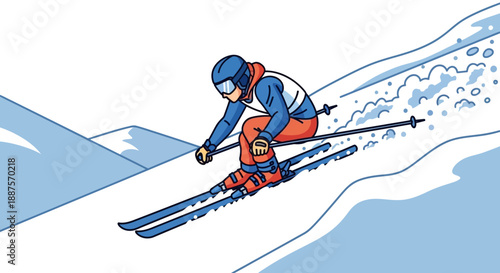 Energetic Male Skier Skiing Down Snowy Mountain Slope in Winter Landscape