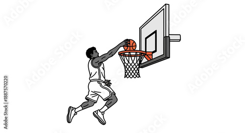 Powerful Male Basketball Player Dunking Ball into Hoop with Energy, Isolated White Background