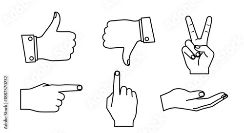 Collection of Common Hand Gesture Icons: Thumbs Up, Thumbs Down, Peace Sign, Pointing Finger, and Open Palm, Isolated White Background