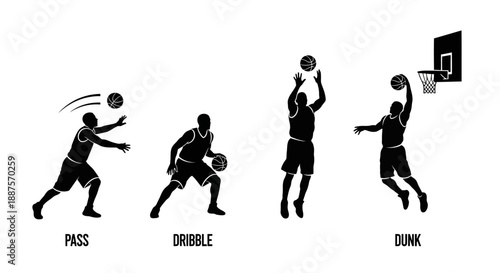 Dynamic Male Basketball Players Demonstrating Pass, Dribble, and Dunk Actions, Isolated Black and White Silhouette