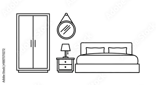 Outline Drawing of Minimalist Bedroom Furniture Set with Wardrobe, Bed, Nightstand, and Mirror in Bright Studio