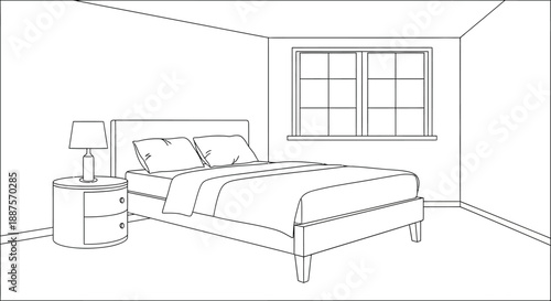 Outline Drawing of Empty Bedroom Interior with Bed, Nightstand, and Window in Bright Studio