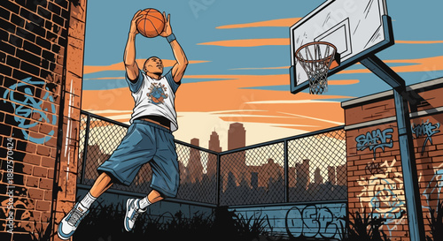 Energetic male basketball player jumping to score on an urban outdoor court with graffiti walls and city skyline at sunset.