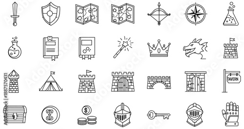 Medieval Fantasy Line Icons: Sword, Shield, Map, Bow, Compass, Potion, Book, Wand, Crown, Dragon, Castle, Treasure, Knight, Key, Tavern, Bridge, Emblem