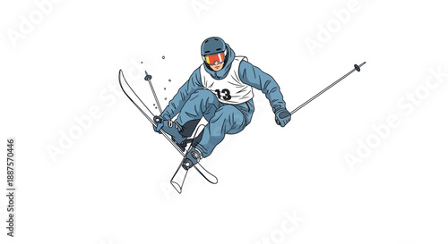 Dynamic male skier in action, jumping and carving on a snowy slope, isolated white background.