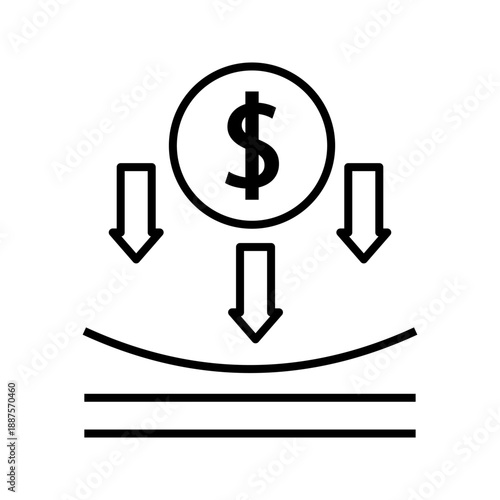 Line icon representing financial decline with a dollar symbol and downward arrows. Suitable for cost reduction, loss, risk management, and economic downturn concepts.