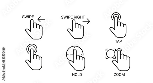 Set of touch screen gestures including swipe, tap, hold, and zoom on an isolated white background.