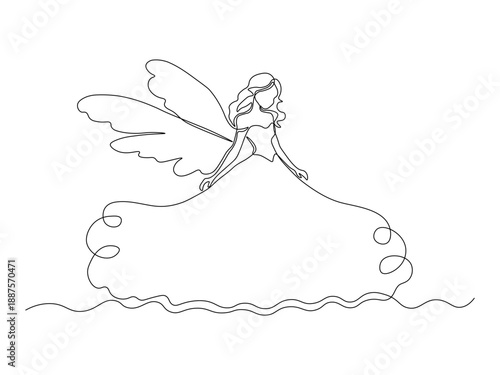 Fairy with wings, enchantress,
princess, abstract continuous single one line art hand drawing sketch logo on white background