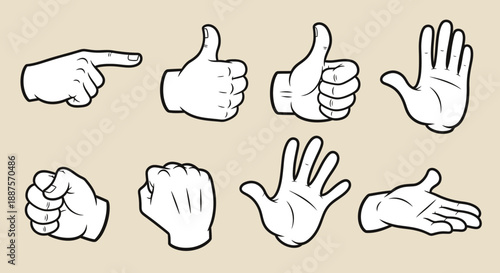 Set of various cartoon hand gestures displaying common signs like thumbs up, pointing, and open palm on a light background