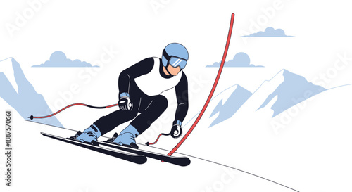 Focused male skier slalom racing downhill through a red gate on a snowy mountain slope