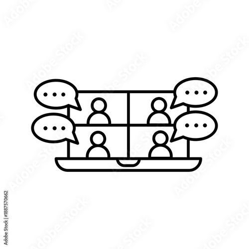People with speech bubbles on computer screen icon in outline style representing online meetings, virtual communication, teamwork, and collaboration.