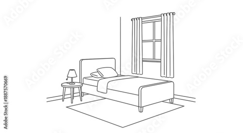 Minimalist bedroom interior line art sketch with a bed, nightstand, and window on an isolated white background