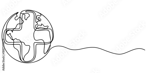 globe with plus continuous one line drawing, One line planet earth. Minimal continuous doodle line globe, simple graphic design of world drawing, minimal fine line tattoo. Vector illustration, Plus