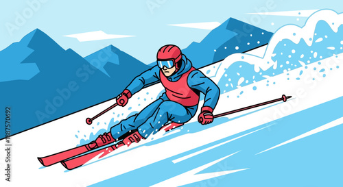 Dynamic male skier performing downhill skiing on a snowy mountain slope with blue sky