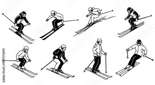 Set of dynamic male skiers in various action poses for downhill skiing, monochrome on an isolated white background