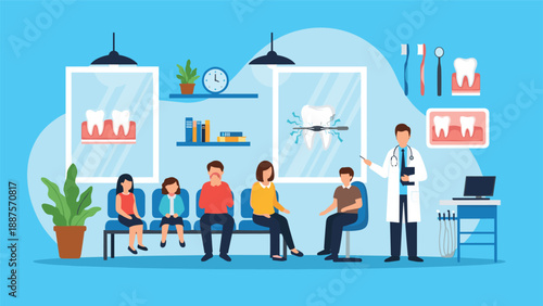 Waiting room of a modern dental clinic where patients wait for their appointments and a dentist explains a procedure.