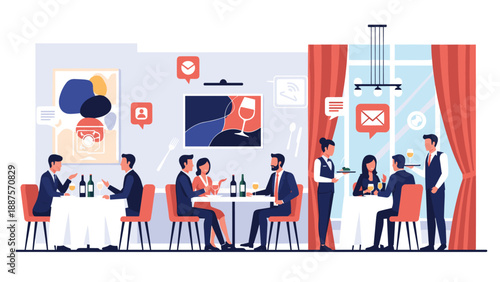 Sophisticated restaurant interior where professional waiters serve gourmet meals to couples dining at white tables.