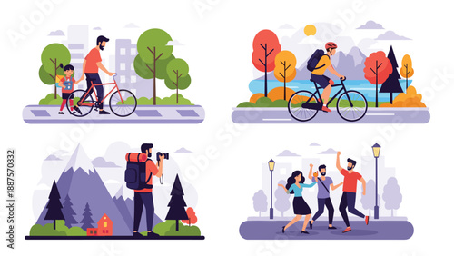 People participating in various outdoor activities including mountain biking, hiking, and leisure walks in nature.