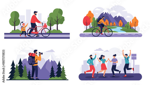 Group of people enjoying active lifestyles with outdoor hobbies like cycling, hiking, and dancing in different parks.