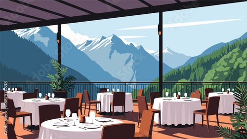 Spacious outdoor restaurant balcony offering a breathtaking view of green mountain peaks under a clear blue sky.