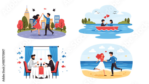 Romantic couples enjoying dates in various settings such as dancing in the city, boating, and dining at a restaurant.