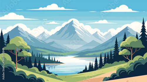 Stunning landscape of a clear blue lake surrounded by majestic mountains and evergreen pine trees in the wilderness.