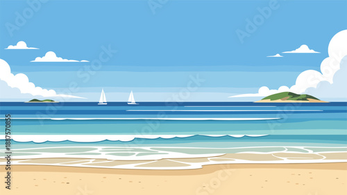 Serene tropical beach landscape with soft waves reaching the shore and small islands visible on the distant horizon.