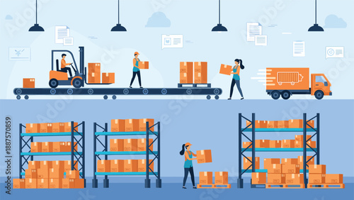 Operational warehouse scene with workers managing stock, operating a forklift, and loading a delivery truck.