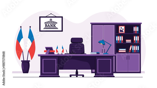 Interior of a professional bank manager office with executive desk and chair featuring banking logo on wall.
