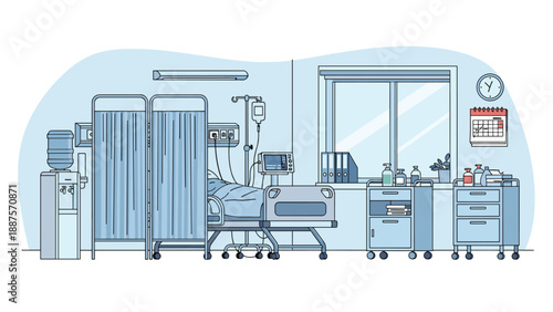 Clean and empty hospital room equipped with a patient bed, medical monitors, and specialized healthcare equipment.