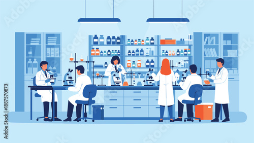 Team of dedicated scientists conducting research and experiments using microscopes and glassware in a laboratory.