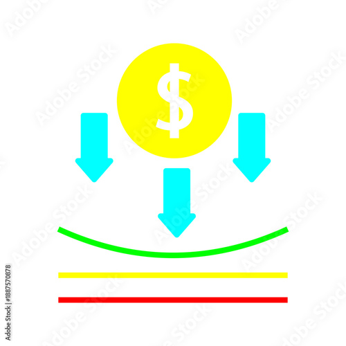 Line icon representing financial decline with a dollar symbol and downward arrows. Suitable for cost reduction, loss, risk management, and economic downturn concepts.