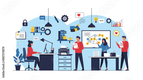 Creative team of office workers collaborating on a project with a flow chart on a whiteboard in a modern workspace.
