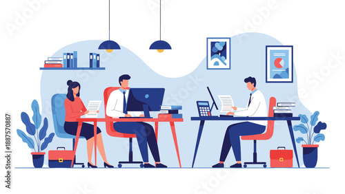 Three focused colleagues working on documents and computers in a shared workspace with a clean modern design.