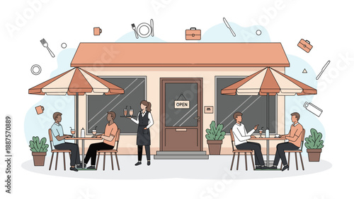 People enjoying drinks and meals at outdoor tables of a charming city cafe while a waitress provides service.